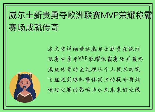 威尔士新贵勇夺欧洲联赛MVP荣耀称霸赛场成就传奇