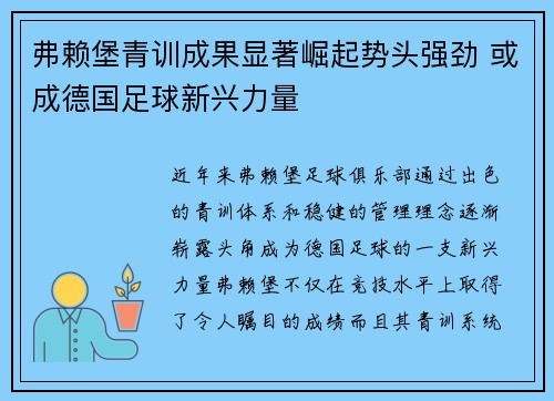 弗赖堡青训成果显著崛起势头强劲 或成德国足球新兴力量