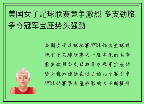 美国女子足球联赛竞争激烈 多支劲旅争夺冠军宝座势头强劲