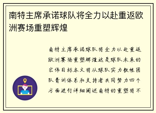 南特主席承诺球队将全力以赴重返欧洲赛场重塑辉煌