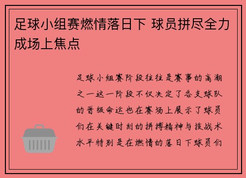 足球小组赛燃情落日下 球员拼尽全力成场上焦点